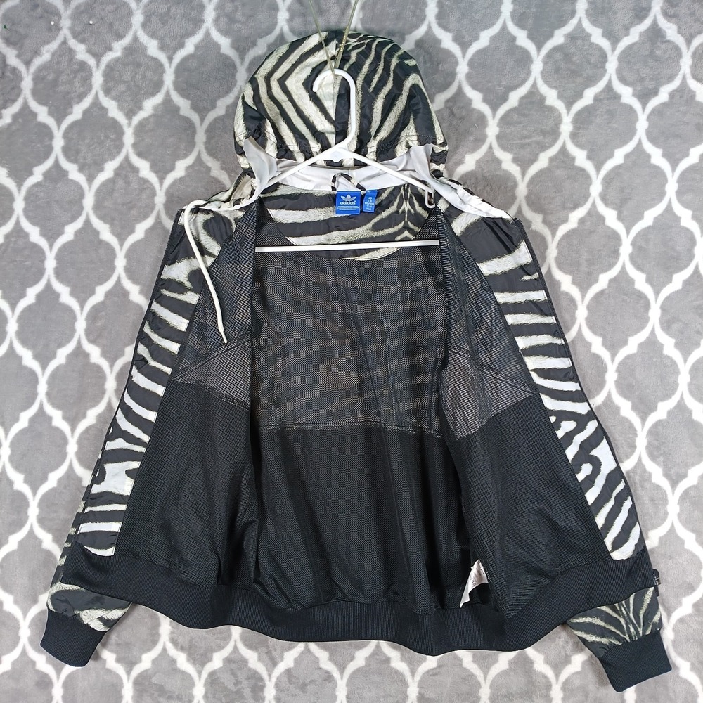 Adidas Originals Jacket Women Medium Black White Zebra Print Hooded Windbreaker - Picture 4 of 13